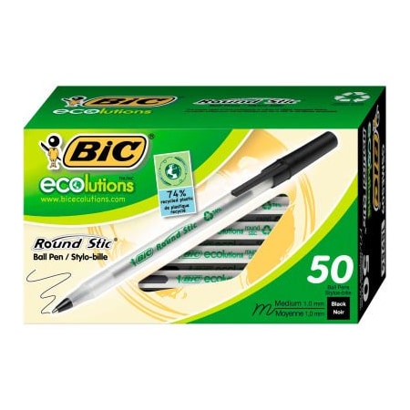 Bic BIC Ecolutions Round Stic Stick Ballpoint Pen, 1mm, Black Ink, Clear Barrel, 50/Pack GSME509BK